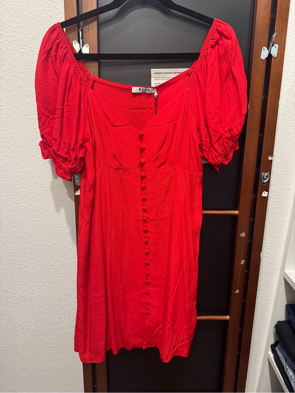 NA-KD Red Puff Sleeve Mini Dress with Front Buttons